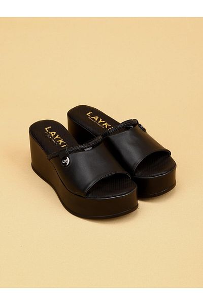 layki Lyra Lightweight Padding Sole Women's Black Minimal Design Platform Slippers