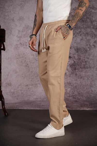 king brich Kingbrich Elastic Waistband Regular Fit Plain Linen Men's Trousers