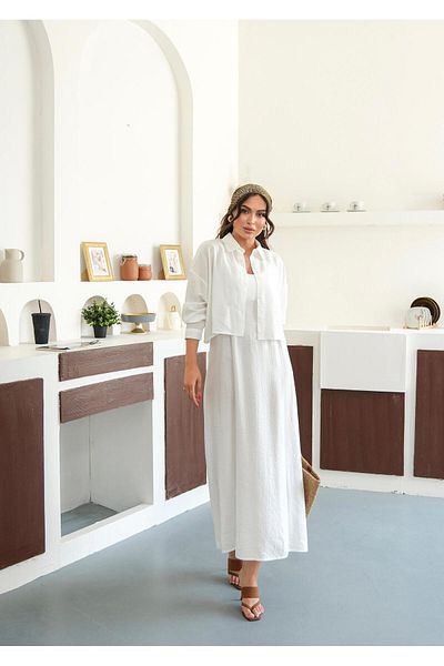 JaMolls Strap Loose Fit Midi Length Casual Stylish Dress Button Design Shirt Hijab Compatible Multi Double Suit