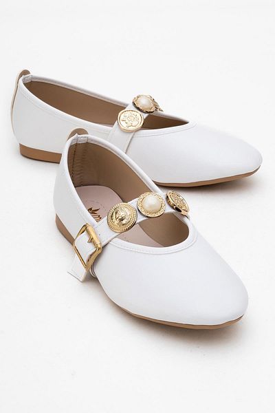 CCWAY AYAKKABI Women's Belted Crested Single-Piece Blunt Toe Ballerinas White