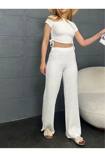 cottonage Bürümcük Fabric Trousers-Side Blouse with Shirring Detail Double Set