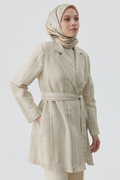 Tuğba Kuşaklı Çizgili Blazer Ceket - Bej