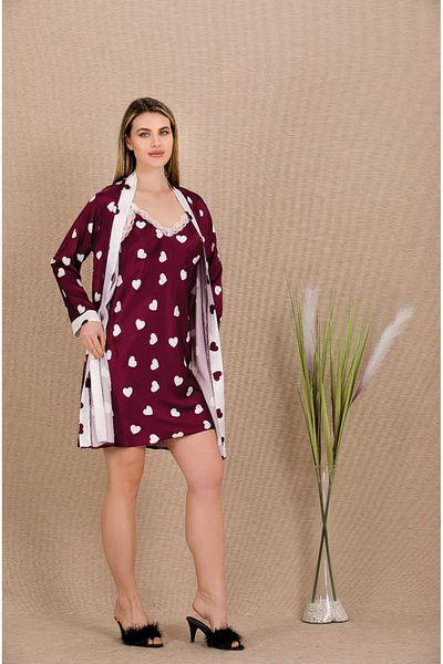 Lady Lingerie Heart Patterned, Suspended Satin Women's Nightgown 2-Piece Set
