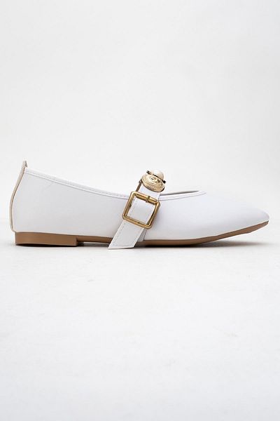 CCWAY AYAKKABI Women's Belted Crested Single-Piece Blunt Toe Ballerinas White
