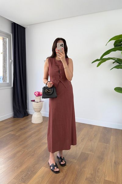 BİRCANÇİL Orsa Tile Vest Button Detail Skirt Suit