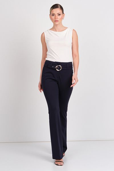 Ekol Women's Waist Buckle Fabric Belted Trousers 2080 Navy Blue