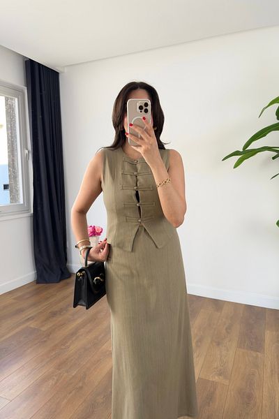 BİRCANÇİL Orsa Khaki Vest Button Detail Skirt Suit