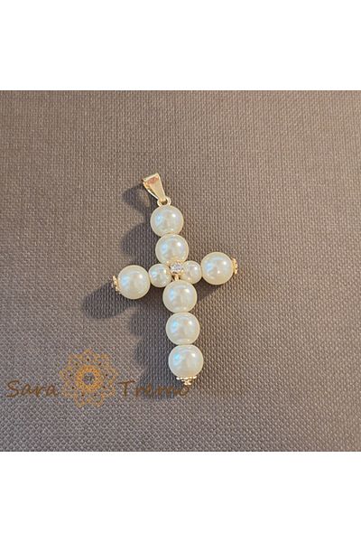 saratremo Large Women's Cross Pendant - Pearls, Elegant Setting, 4 cm