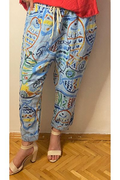 aSSa Italian Fish Pattern New Season Rope Belt Detail Linen Pants