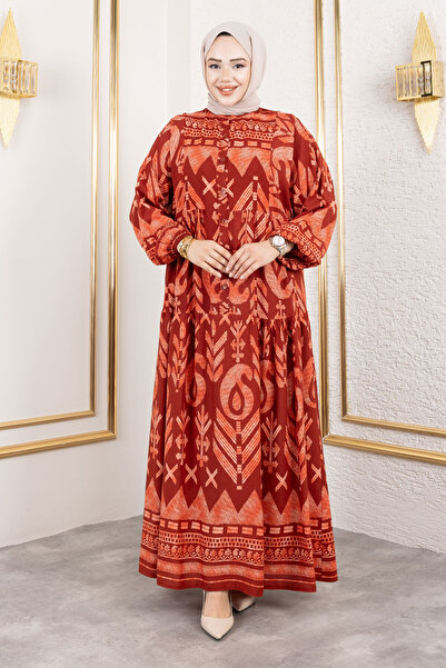 Tesettür Dünyası Patlı Yarım Düğmeli Viskon Uzun Tesettür Elbise TSD250206 Bordo