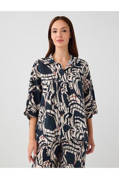 Jimmy Key Navy Blue Relaxed Fit Three Quarter Sleeve Patterned Woven Shirt