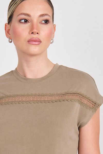 ONLY Women's Onlfree Lace Detailed Short Sleeve T-Shirt 15350108 Khaki