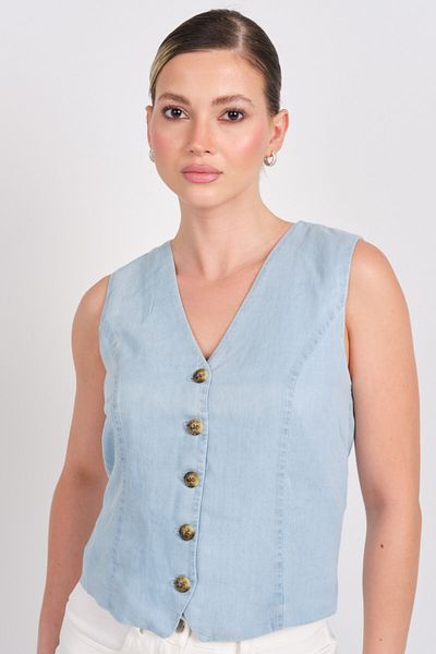 ONLY Women's T-Shirt Sleeveless Buttoned Jean Vest 15337941 Blue
