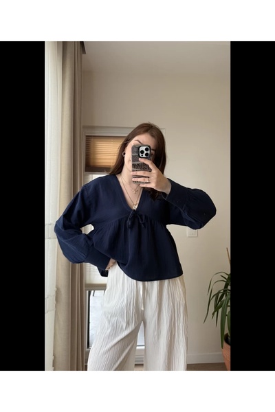 Lusin Γυναικεία μπλούζα πουκάμισο με μακρυμάνικο Navy Blue Premium Muslin