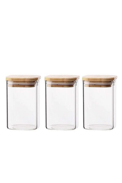 Bisbell 3Pcs Square Glass Storage Jars With Airtight Bamboo Lid,Spice jar,500ML,BB4013