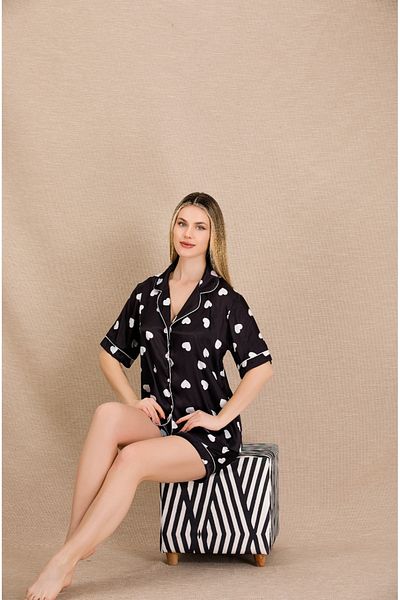 Lady Lingerie Satin Women's Set with Shirt Collar, Short Sleeves and Heart Pattern Shorts