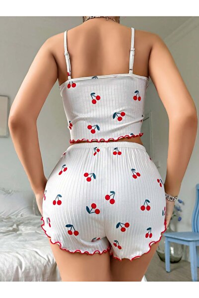 NUİTAMORE White Cherry Patterned Crop Shorts Women's Pajama Set – Cotton Rib –