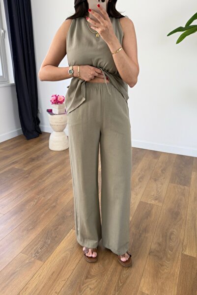 BİRCANÇİL Yilaha Khaki Asymmetrical Drawstring Blouse Pants Set