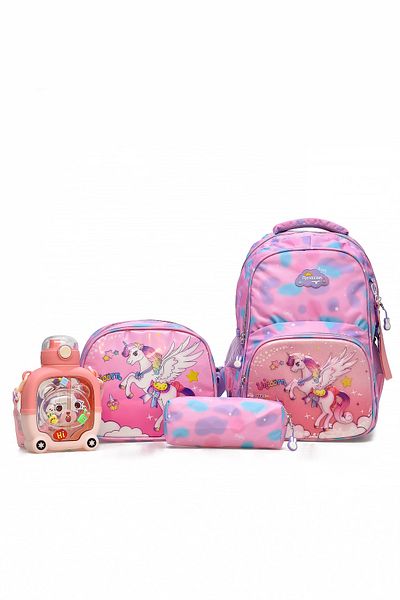 ELATAE Children's 4-Piece School Set Primary School Bag & Thermal Lunch Box & Pen Holder & Water Bottle 1370