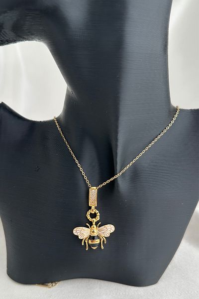 Modex Steel Gold Color Link Part Stone Detailed Enamel Bee Necklace (40cm)