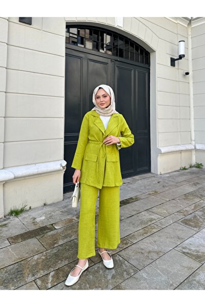 FAİK BARMAZ Kadın Bağcıklı Keten Ceket Pantolon Takım