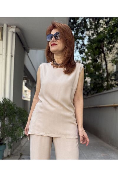 DenizEge Viscose Sleeveless Blouse Beige