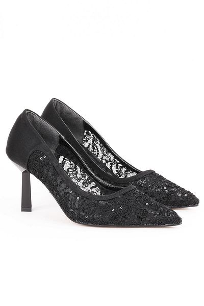 Paris Shoes Women's Black Mesh Detailed Heeled Shoes - Elantra