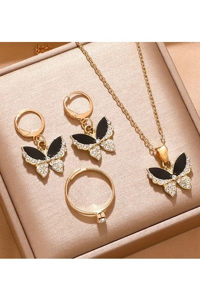 BirYıldızOl Zircon Stone Jewelry Set Stone Butterfly Necklace Earrings Ring 3-Piece Combination Set