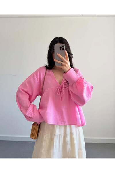 Lusin Γυναικεία μακρυμάνικη ροζ Premium Muslin υφασμάτινη μπλούζα πουκάμισο