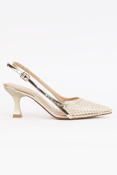 Paris Shoes Дамска вечерна рокля с тънък ток и златна мрежа от камъни - Velexia