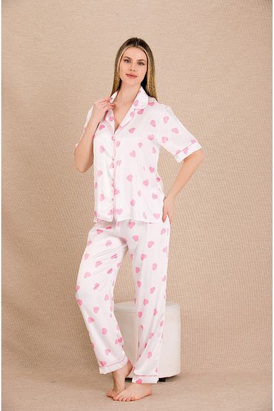 Lady Lingerie Short Sleeve Heart Pattern Satin Women's Pajama Set with Shirt Collar