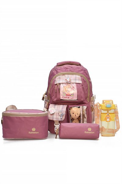 ELATAE Children's 4-Piece School Set Primary School Bag & Thermal Lunch Box & Pen Holder & Water Bottle 1395