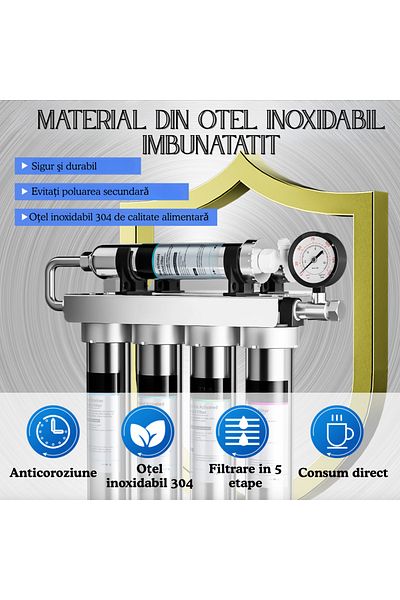 Koopsio U1 Water Filter, 5-Stage Ultrafiltration, Stainless Steel Housing, Self-Cleaning, Pressure Gauge, Extra Warranty
