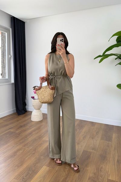 BİRCANÇİL Yilaha Khaki Asymmetrical Drawstring Blouse Pants Set