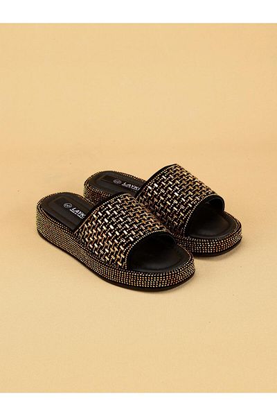 layki Laykly Stone Detailed Shiny Summer Model Platform Women's Gold Slippers