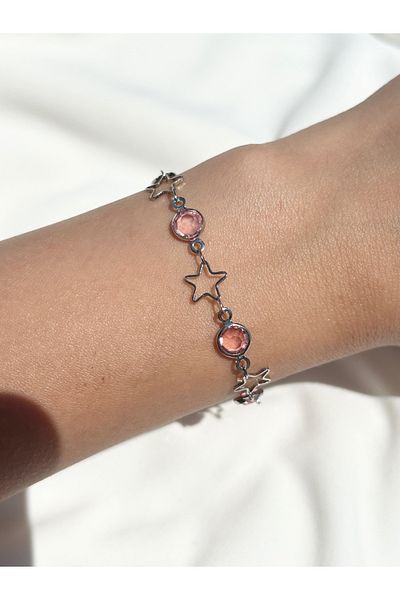 Eylülün Takısı Women's Silver Color Pink Stone Star Bracelet