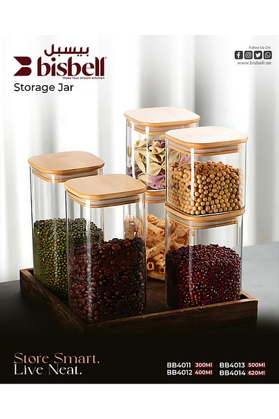 Bisbell 3Pcs Square Glass Storage Jars With Airtight Bamboo Lid,Spice jar,500ML,BB4013