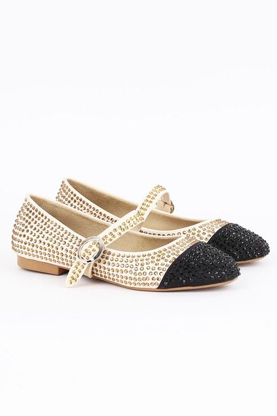 Paris Shoes Women's Beige Double Color Highlight Stone Embroidered Ballerinas - Glitzia