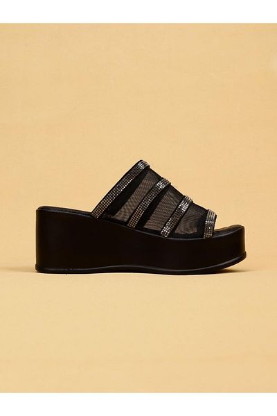 layki Redy Black Mesh Banded Stylish Summer Model Women's Stone Detailed Wedge Heel Slippers