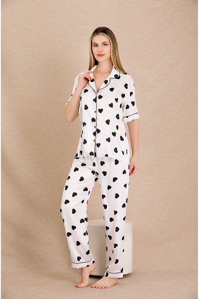 Lady Lingerie Short Sleeve Heart Pattern Satin Women's Pajama Set with Shirt Collar