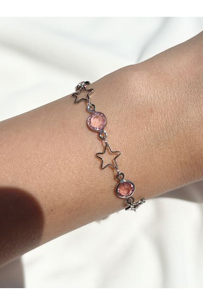 Eylülün Takısı Women's Silver Color Pink Stone Star Bracelet