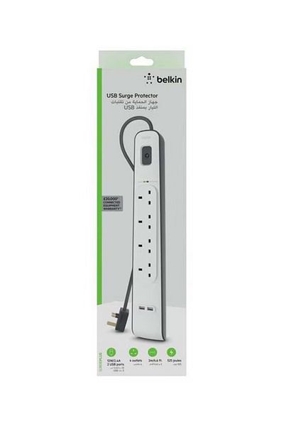Belkin 4-Way Surge Protection Strip With 2 USB Port White 19cm