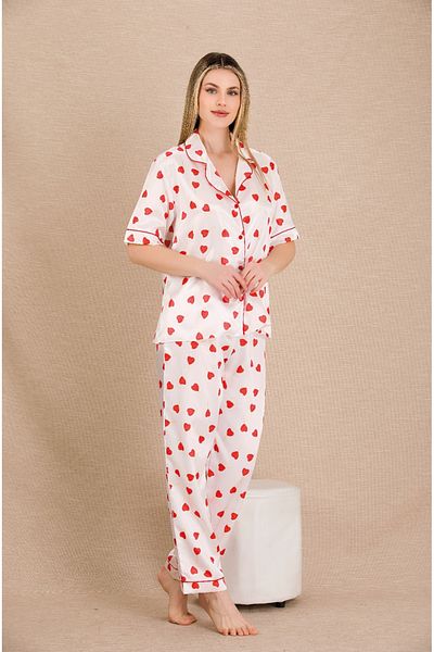 Lady Lingerie Short Sleeve Heart Pattern Satin Women's Pajama Set with Shirt Collar