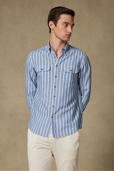 Abbate Alba Linen Cotton Linen Blended Comfort Fit Blue Button Collar Men's Striped Shirt