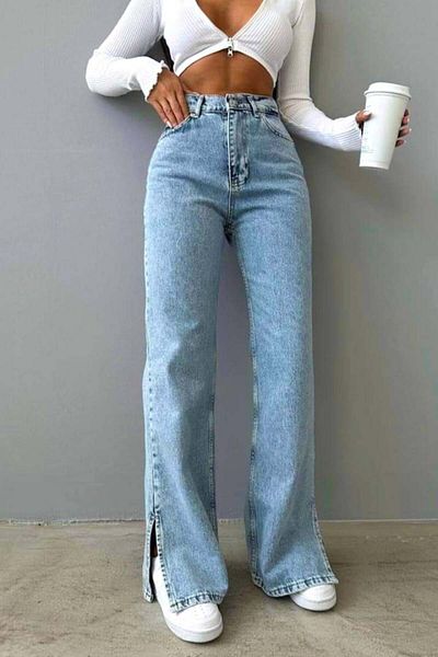 FashionForYou Blugi Montery Mom Fit, cu crăpătură scurtă pe picior și lungime supradimensionată, albastru deschis, 40
