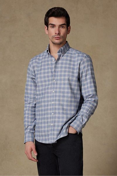 Abbate Luca Flannel Cotton Comfort Fit Blue Button Collar Men's Checkered Shirt