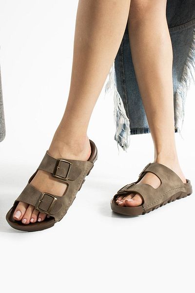 LUXEON Women's Light Brown Double Buckle Non-Slip Sole Slippers Comfortable Stylish Lightweight Sea Beach Pool Sandals