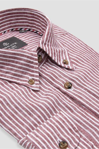Abbate Sorento Linen Linen Comfort Fit Red Button Collar Men's Striped Shirt