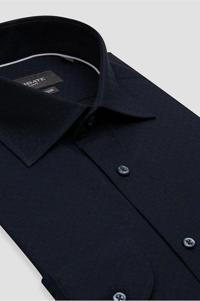 Abbate Donatello Jacquard Cotton Slim Fit Navy Blue Classic Collar Men's Patterned Shirt