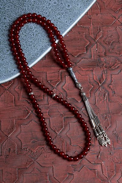 Saff Doğal Taş Certified Red Agate Prayer Beads Metal Tassel Imameli Prayer Beads